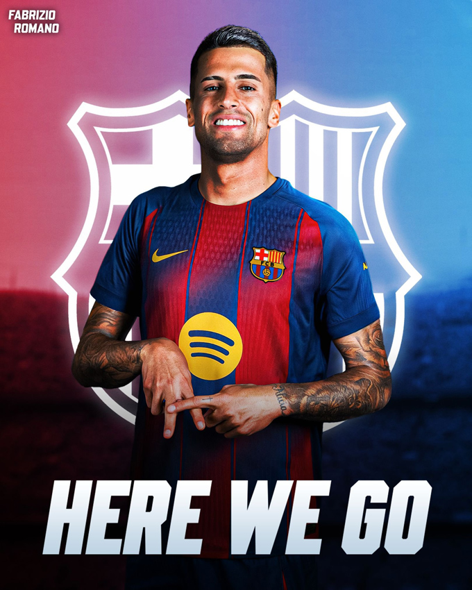 Joao Cancelo trong trang phục Barcelona, thông báo chuyển nhượng 'Here We Go'.